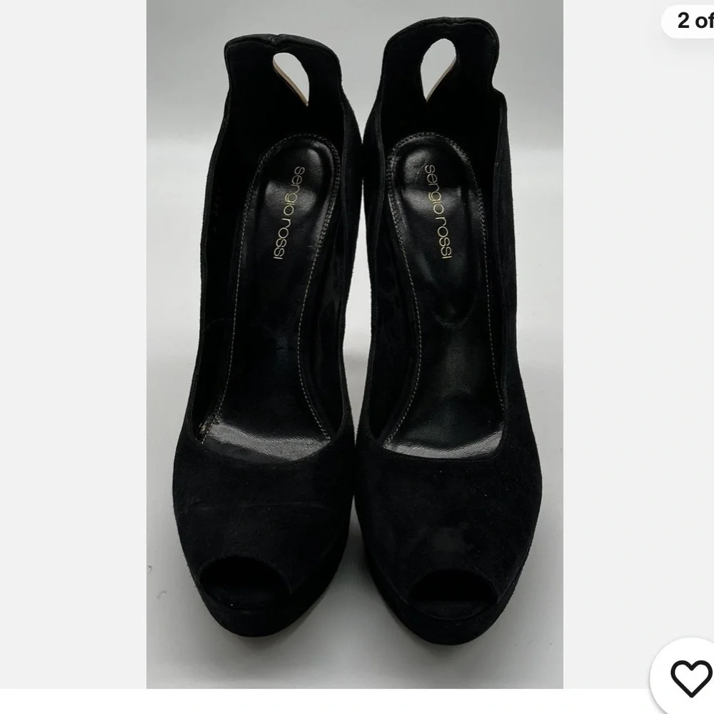 Sergio Rossi Black Suede Platform Peep Toe Pump w/ Gold Heel Cut-Out